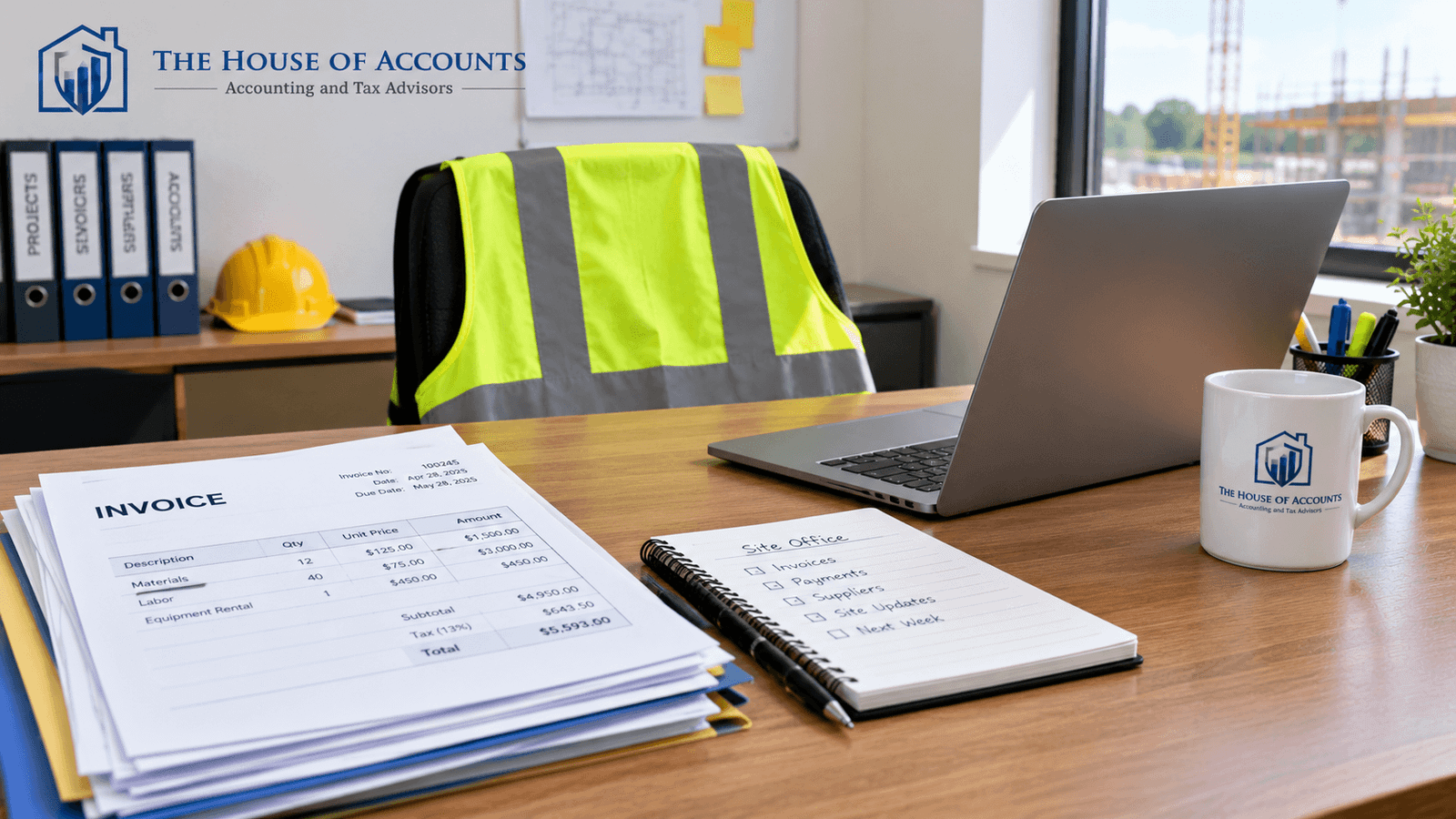 Month-end CIS paperwork in a site office Site office desk with subcontractor invoices, a laptop and a hi-vis vest