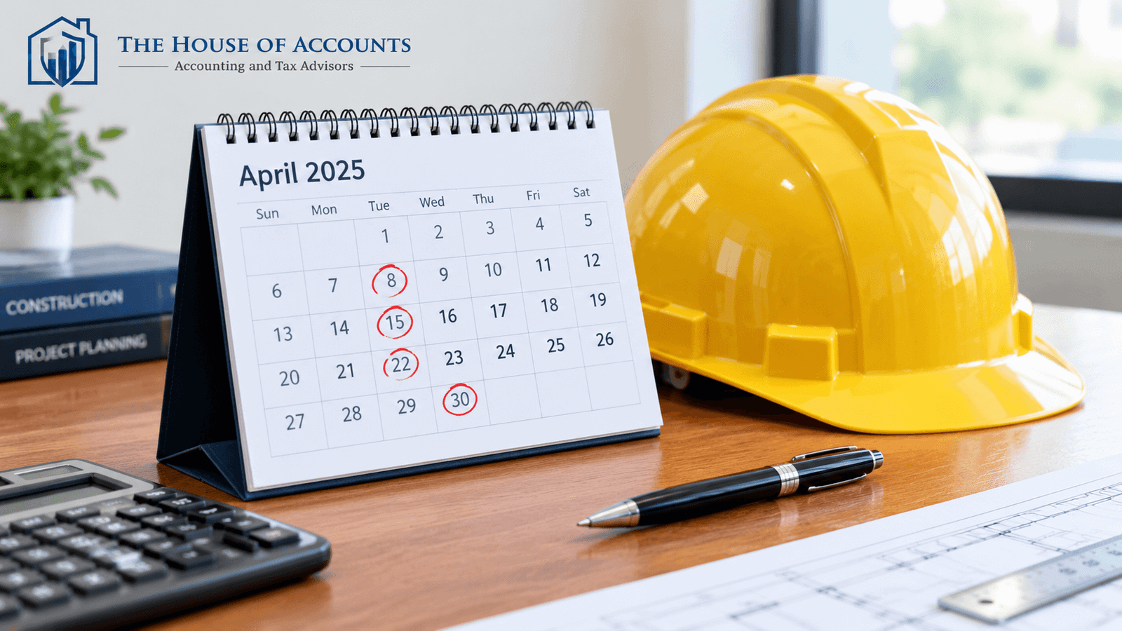 CIS dates marked on a calendar Desk calendar with monthly dates circled next to a yellow hard hat