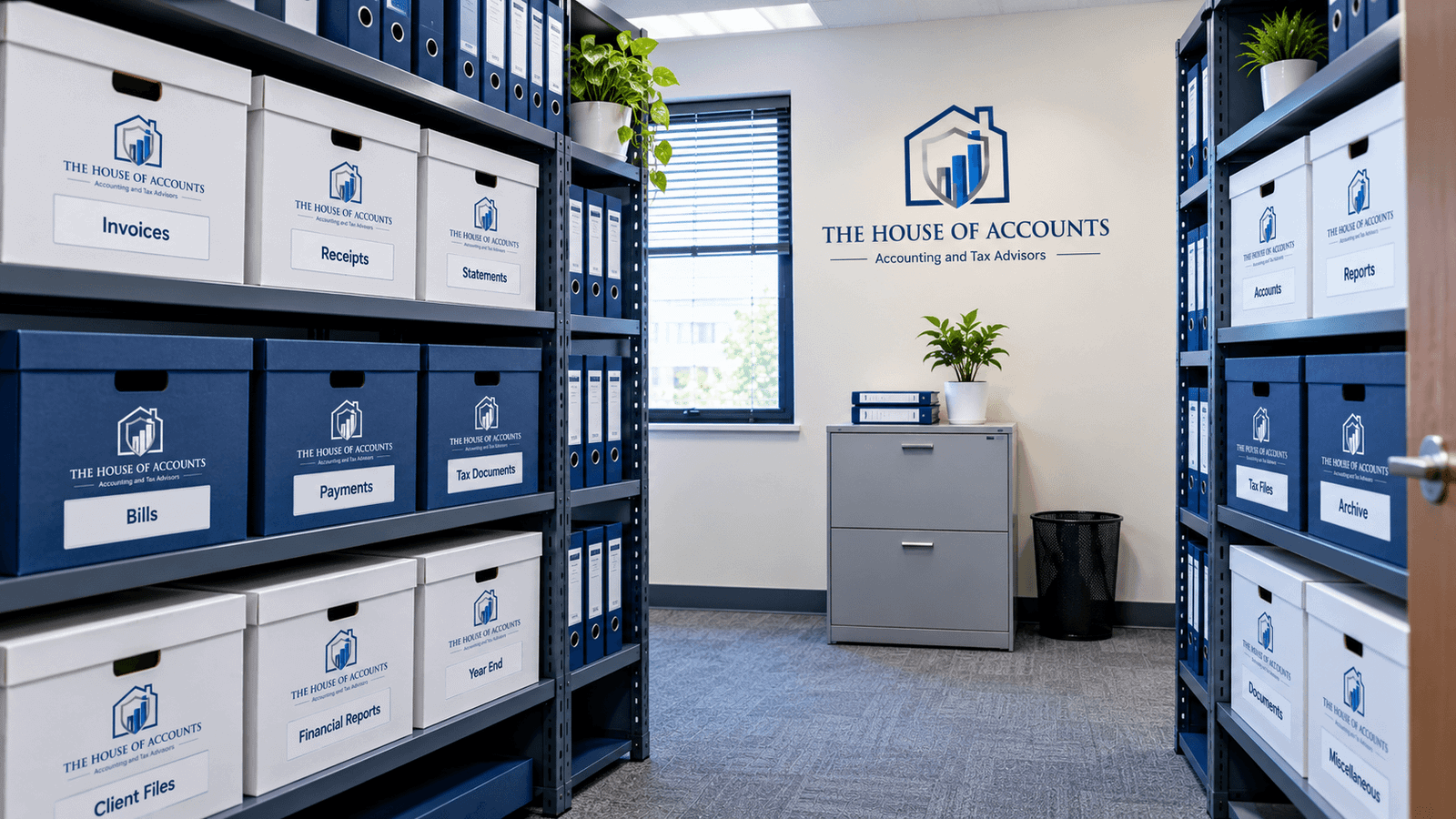 Stored business records Rows of cardboard filing boxes on shelves in a small office storeroom
