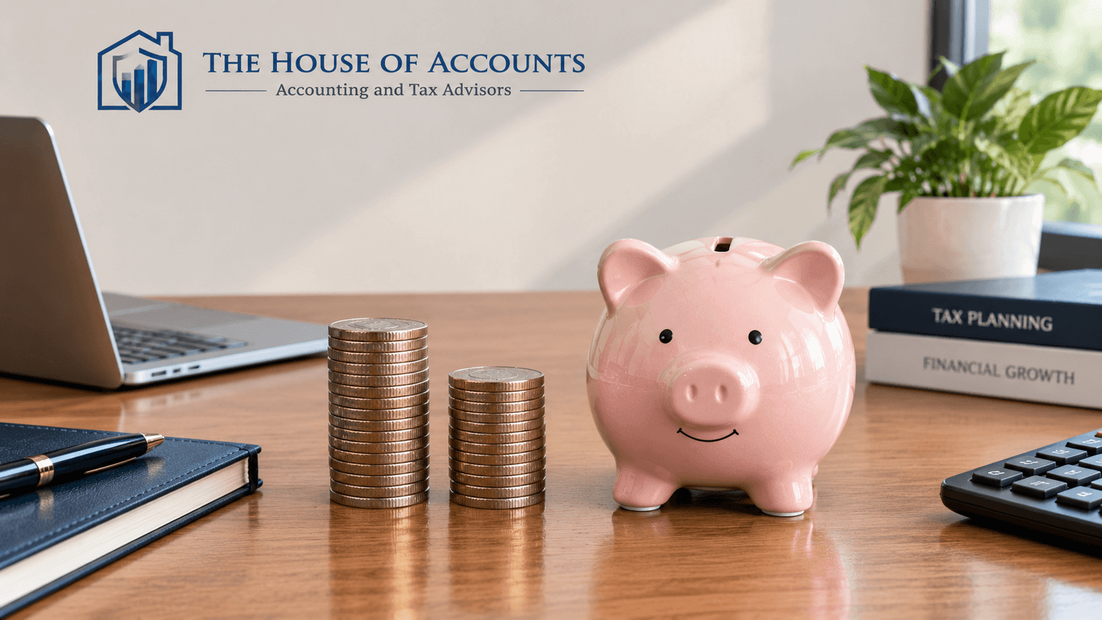 Two stacks of pound coins and a piggy bank on a wooden desk