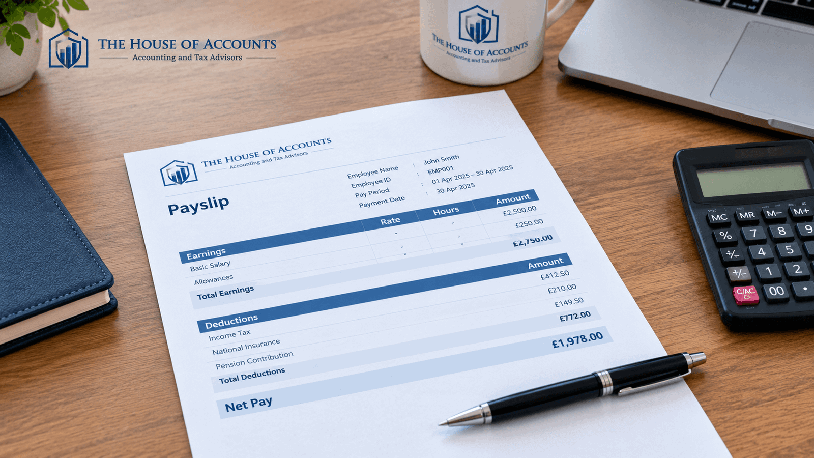 Printed payslip on a desk with a pen and a calculator