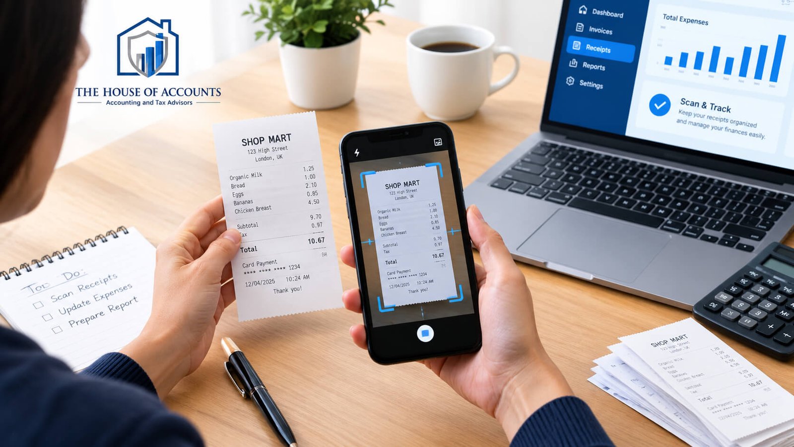 Person scanning paper receipts with a smartphone at a tidy desk
