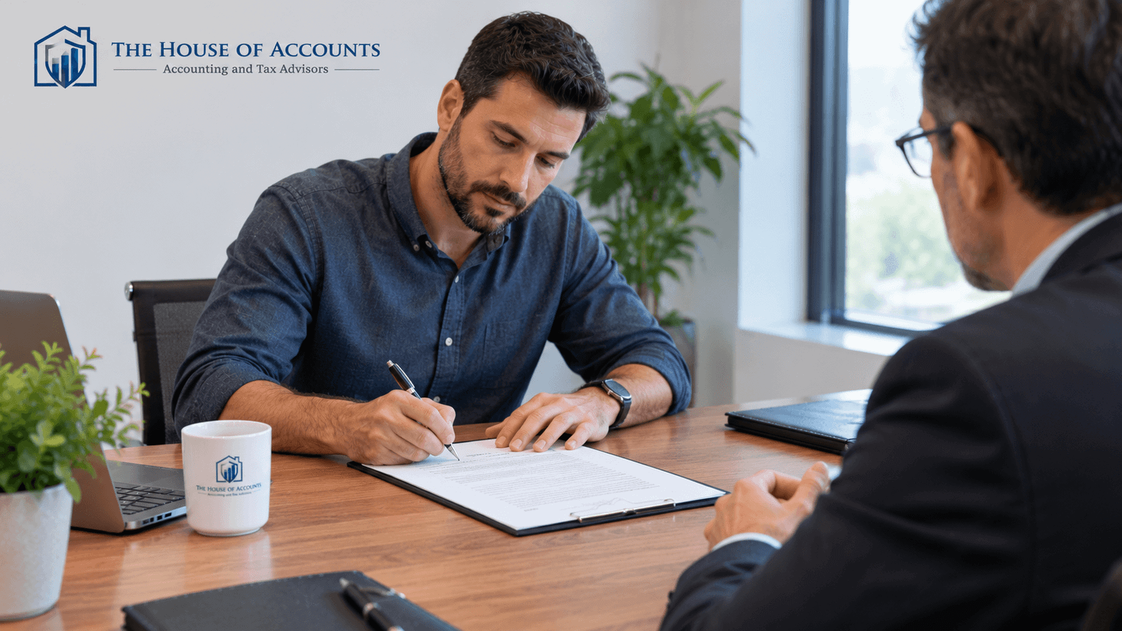 Business owner signing a document at a meeting table