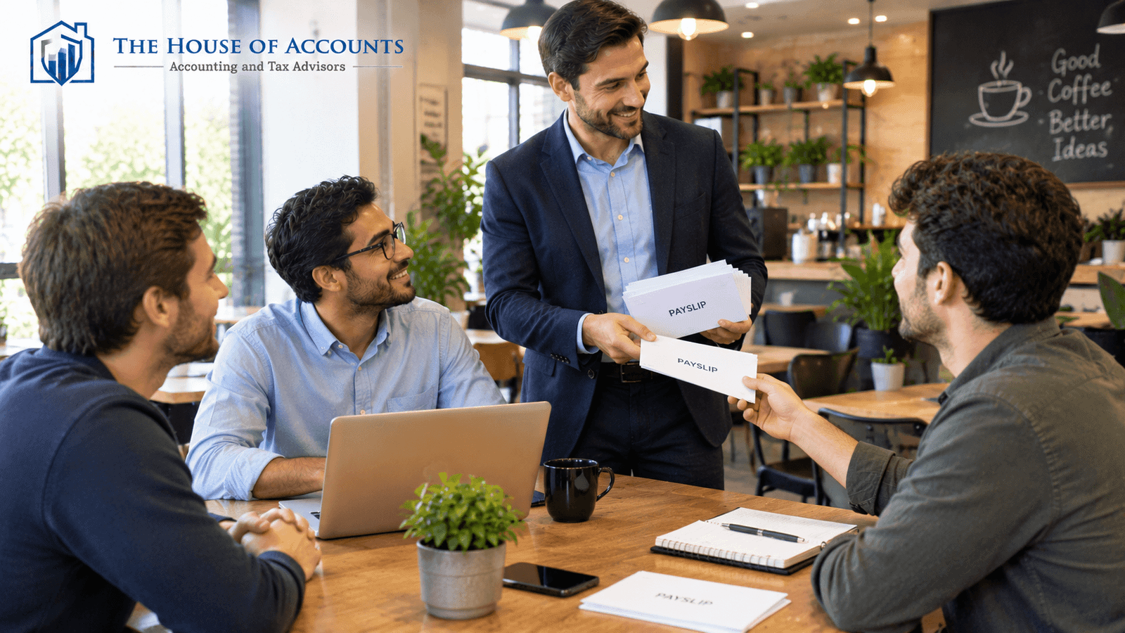 Small business manager handing payslip envelopes to staff